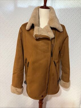Steve Madden Camel/Tan Teddy Aviator Jacket with Cream Faux Shearling